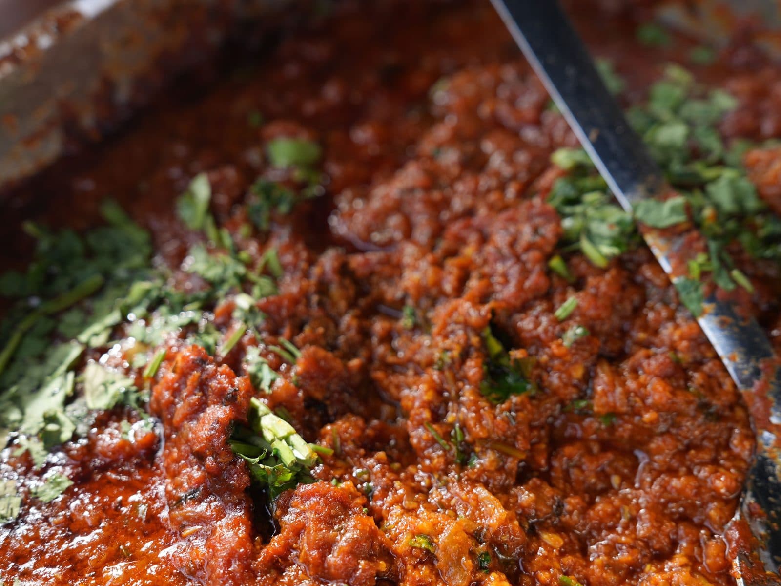 A close-up of a thick, glossy dark red masala being turned with a ladle, scattered with fresh coriander and green chilli.